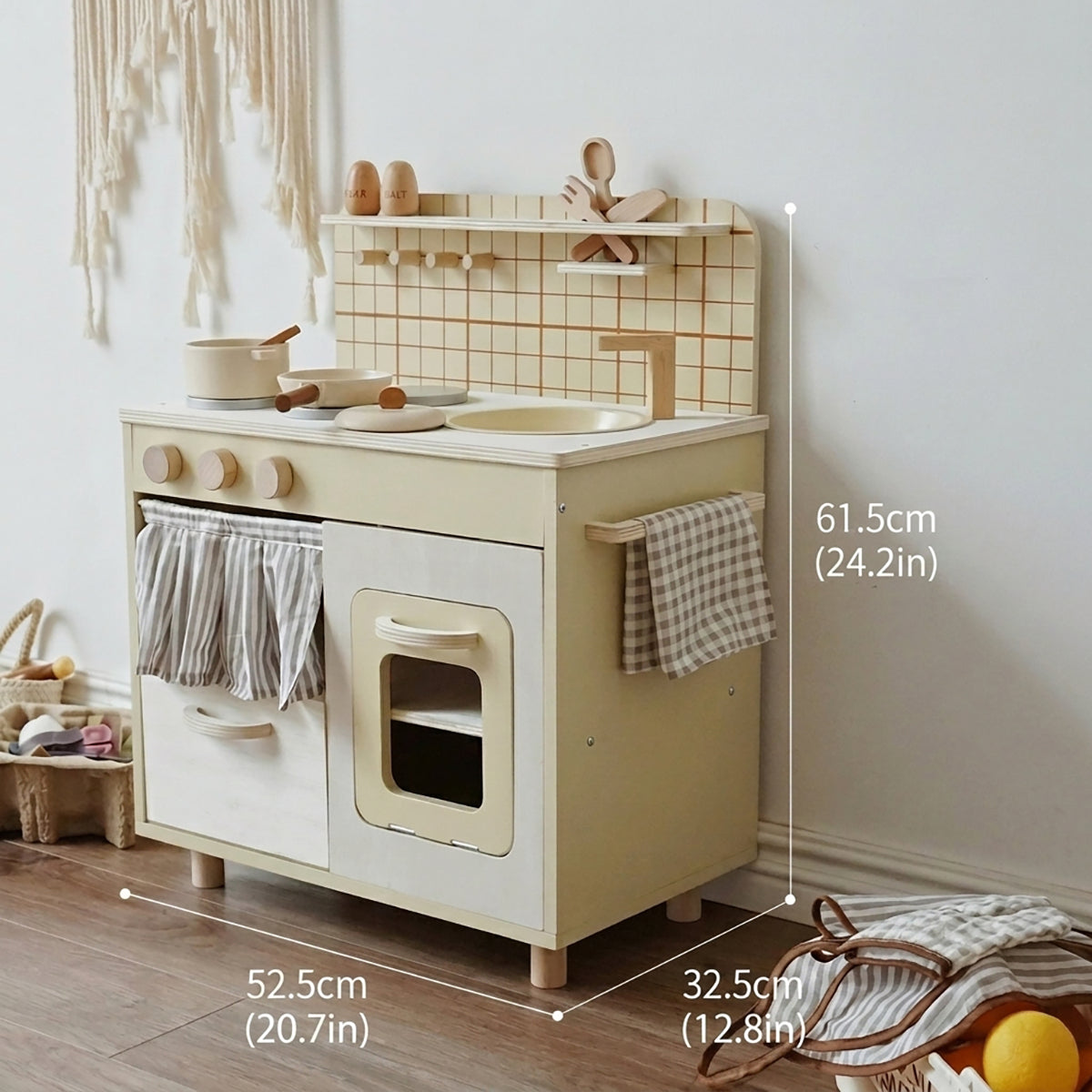 Beige Rustic Wooden Kids Kitchen Playset with Oven & Sink