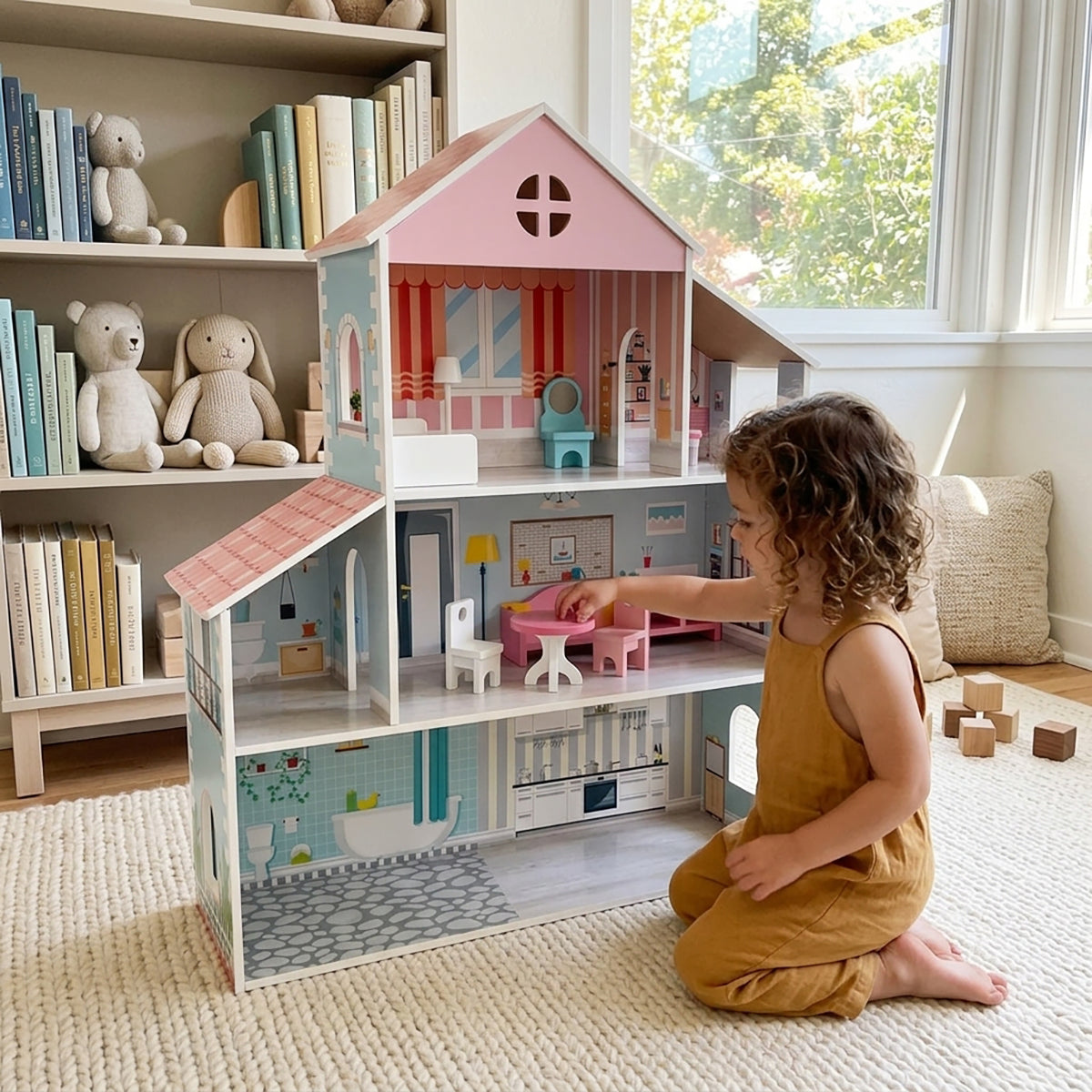 Multi-Tier Wooden Dollhouse with Furniture