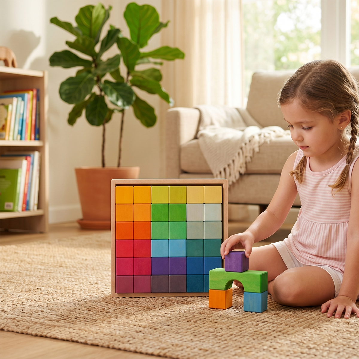 Wooden Mosaic Cubes Set – Montessori Waldorf Rainbow Pastel Building Blocks with Storage Tray