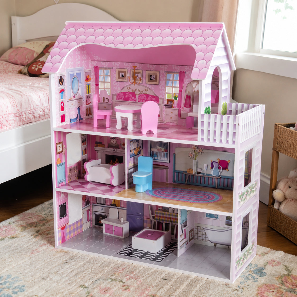 Pink Wooden Dollhouse with Furniture Set