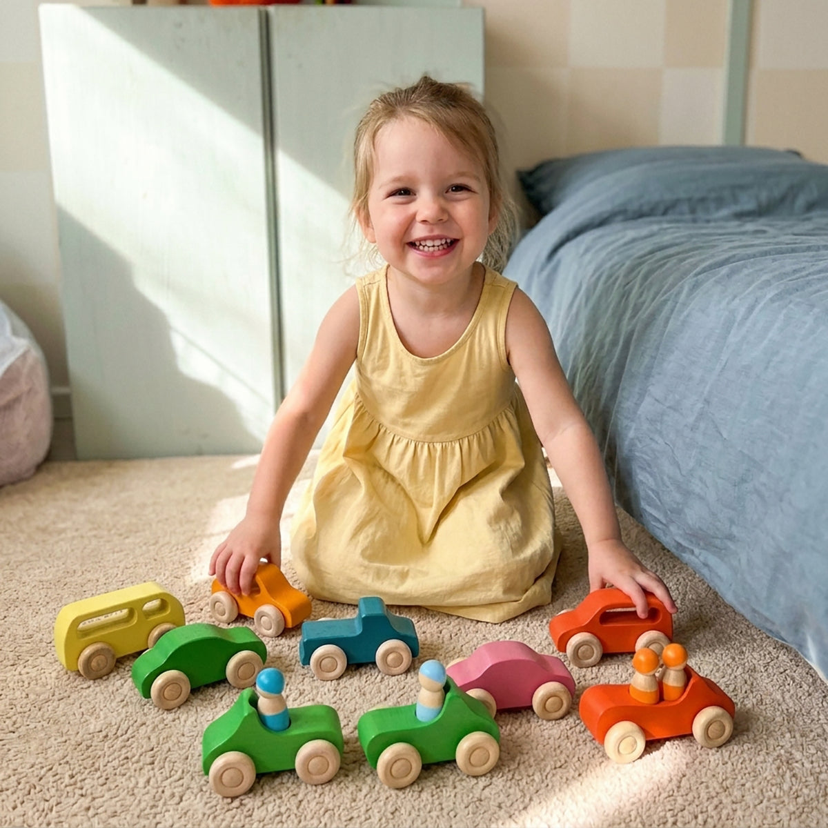 Wooden Rainbow Vehicles & Peg Dolls Set