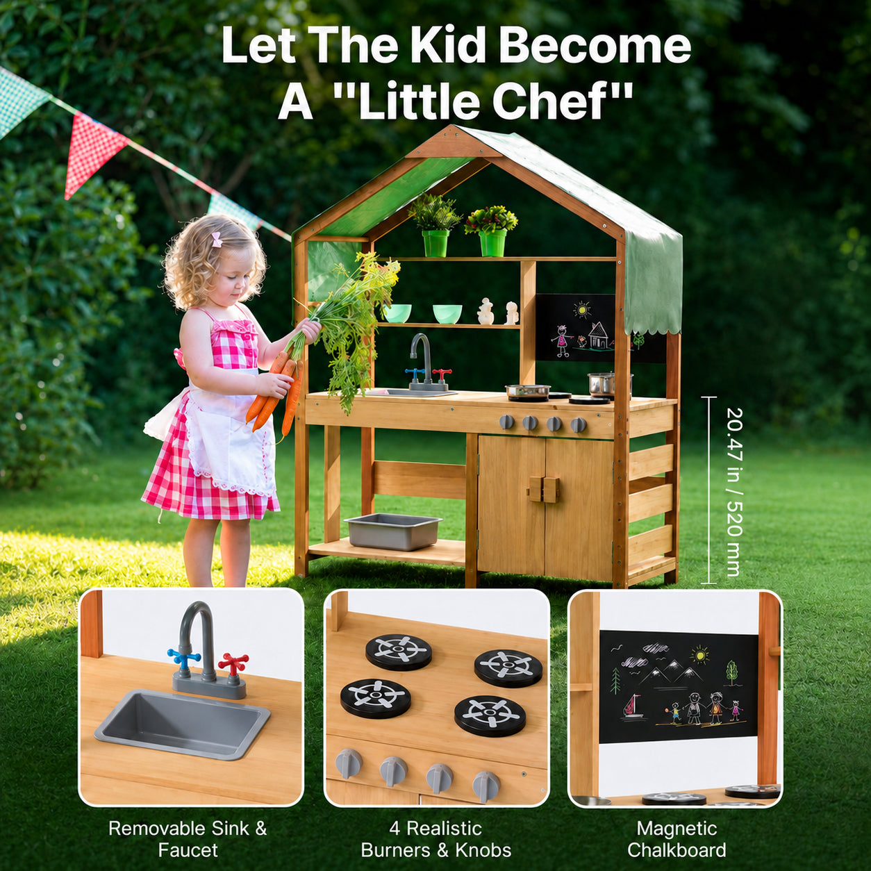 Wooden Outdoor Mud Kitchen with Sunshade Canopy, Dual Sinks & Chalkboard
