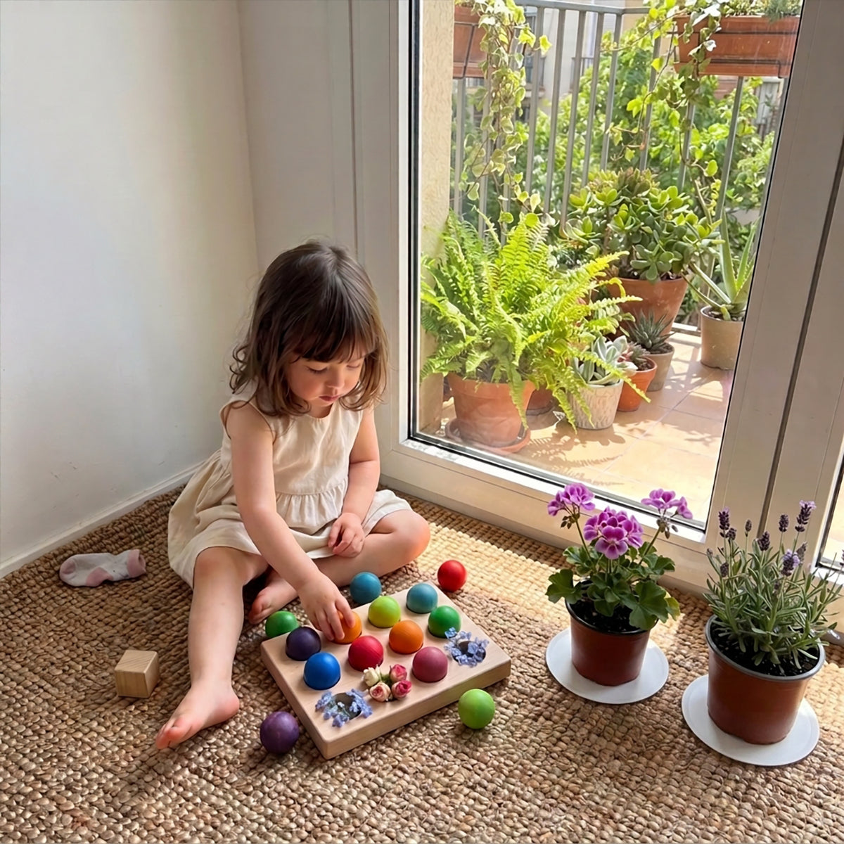 12-Piece Wooden Rainbow Balls in a Tray for Open-Ended Play
