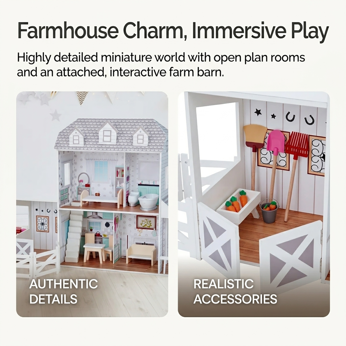Open Layout Wooden Farmhouse Dollhouse For Pretend Play