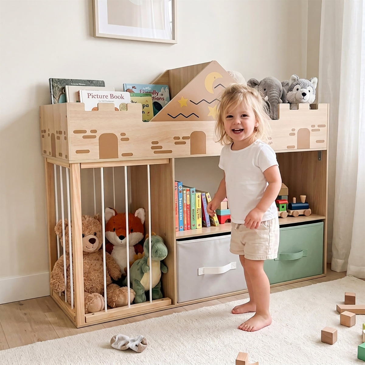 Natural Wood Toy Storage Organizer with Open Shelves