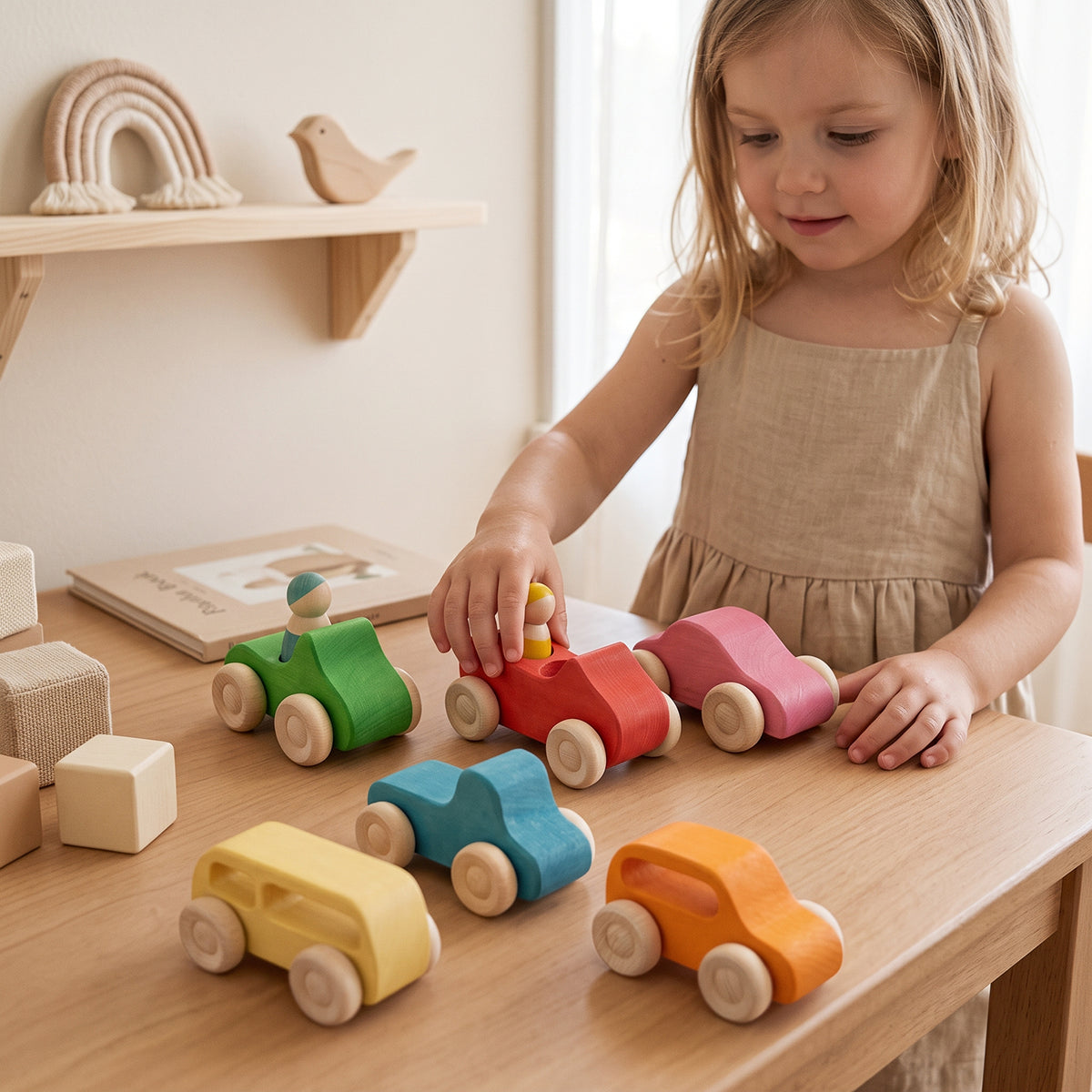 Rainbow Wooden Cars and Peg Dolls Set