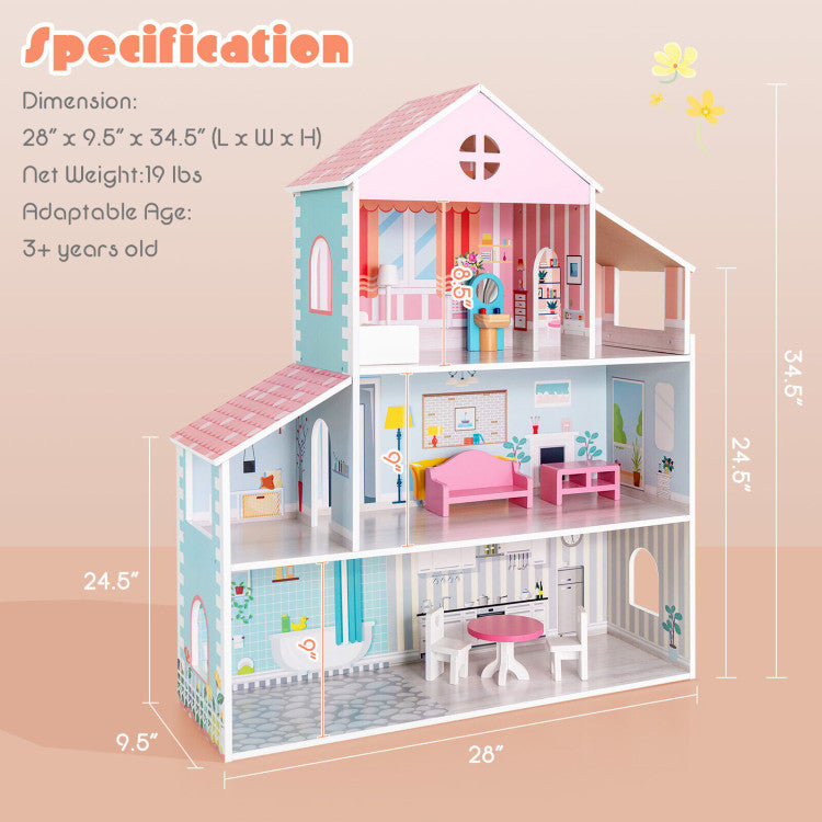 3-Tier Wooden Dollhouse with Furniture