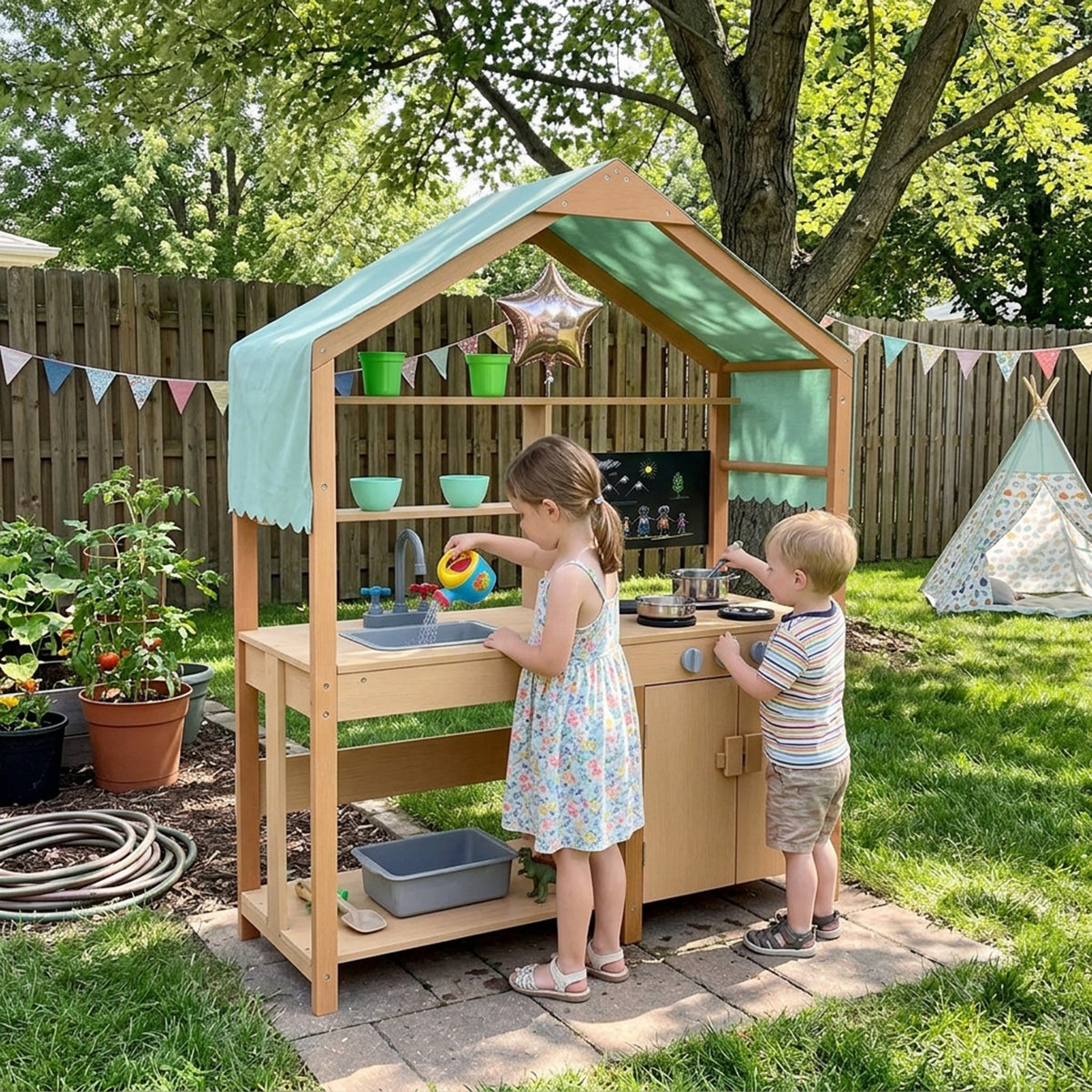 Wooden Outdoor Mud Kitchen with Sunshade Canopy, Dual Sinks & Chalkboard