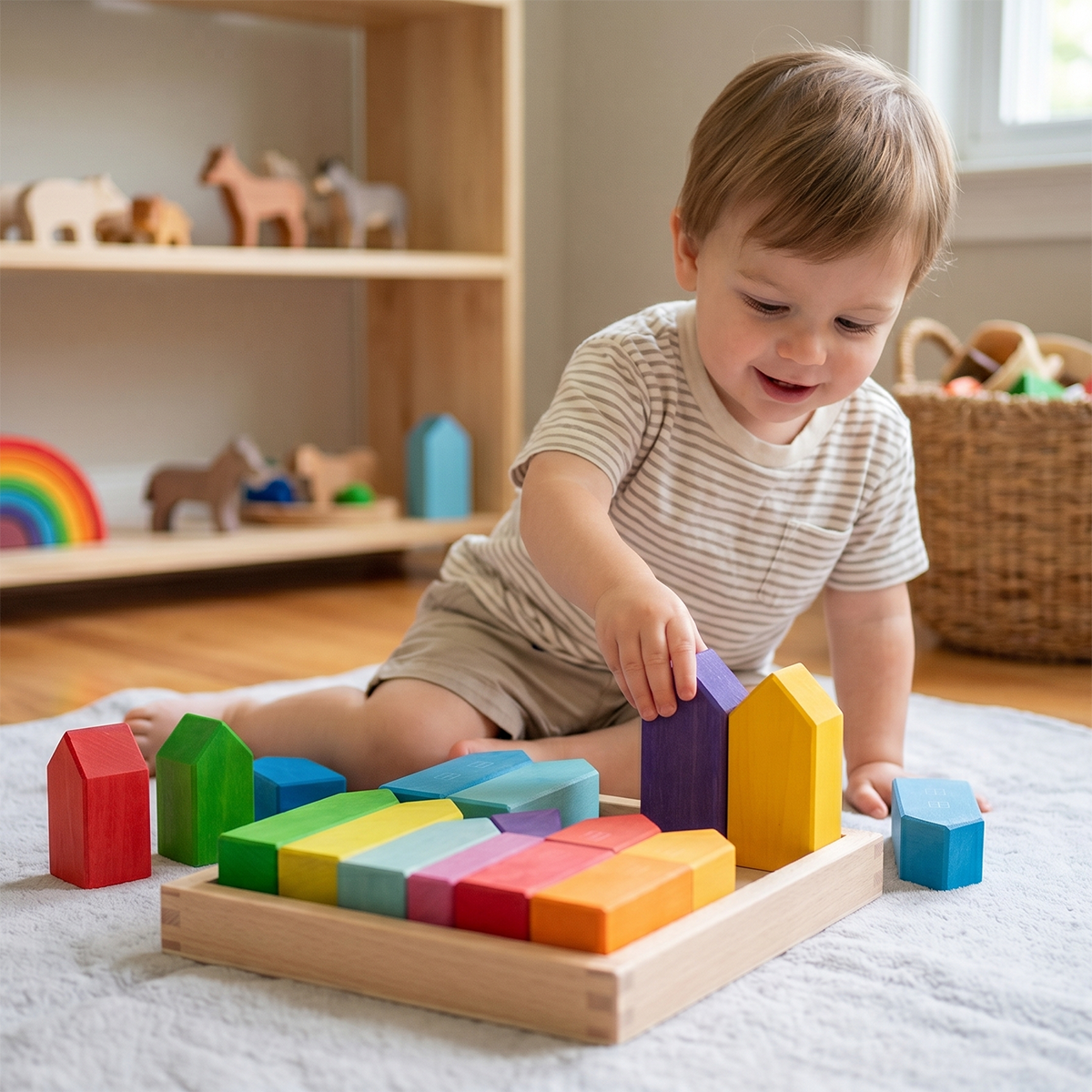 15 Pcs Wooden Village House Blocks Set