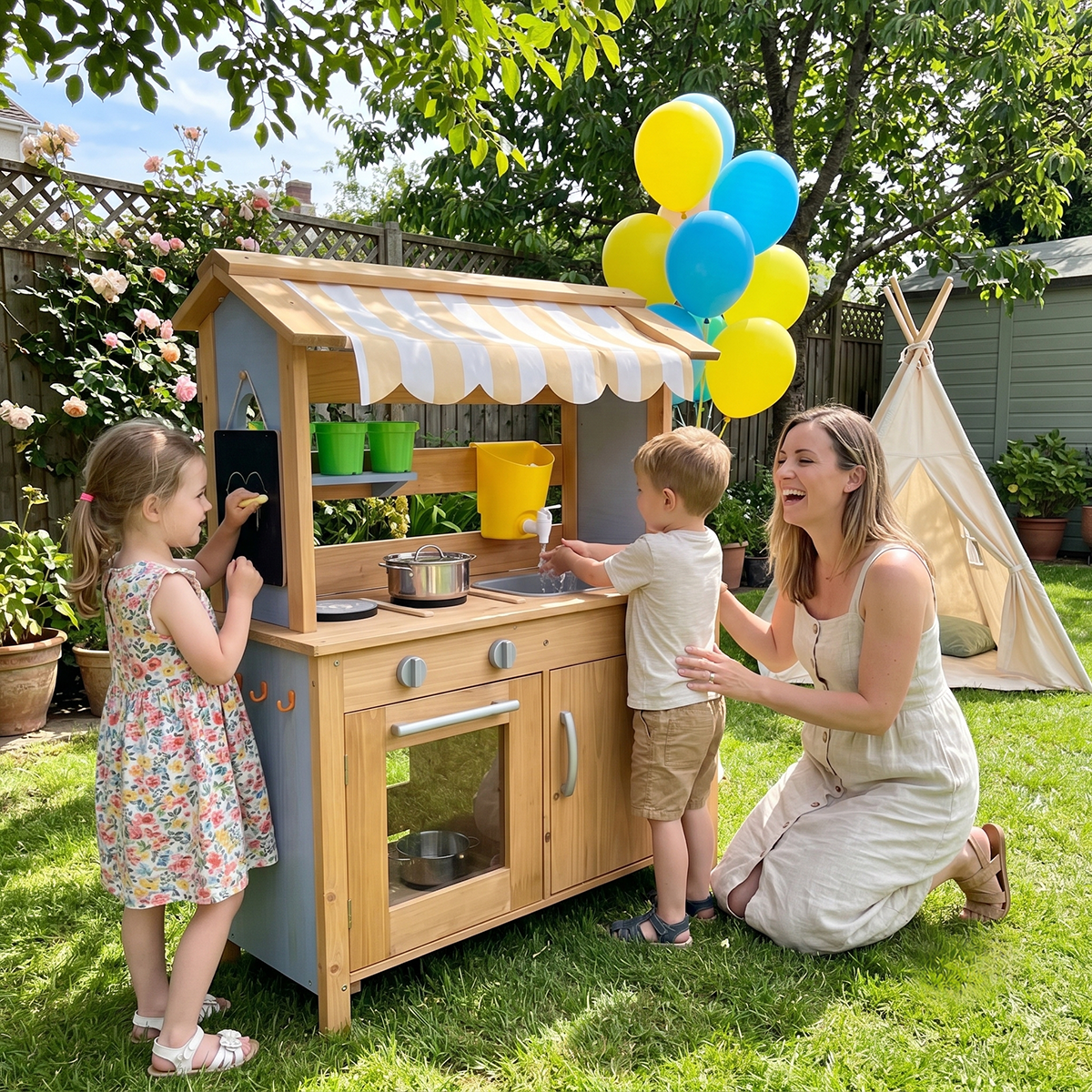 Wooden Mud Kitchen with Sunshade Canopy & Water Tank