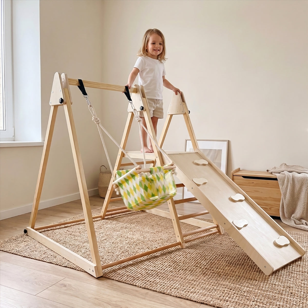 Indoor Jungle Gym Climbing Triangle Swing and Extended Slide