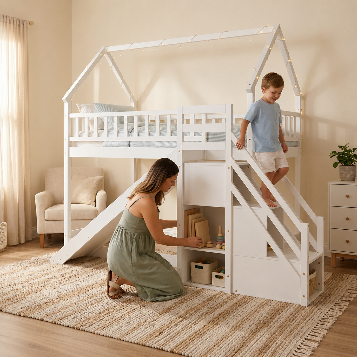 Twin Over Twin Bunk Bed with Slide & Staircase