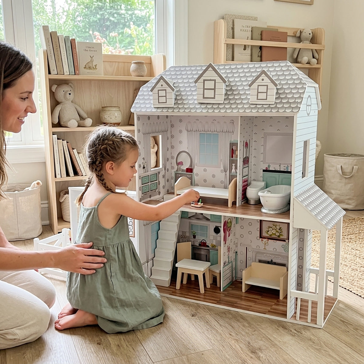 Open Layout Wooden Farmhouse Dollhouse For Pretend Play