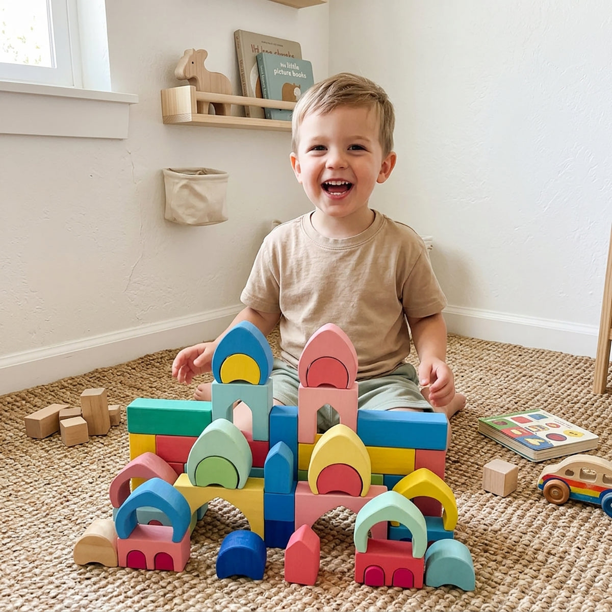 64-Piece Rainbow Wooden Castle Building Blocks Set