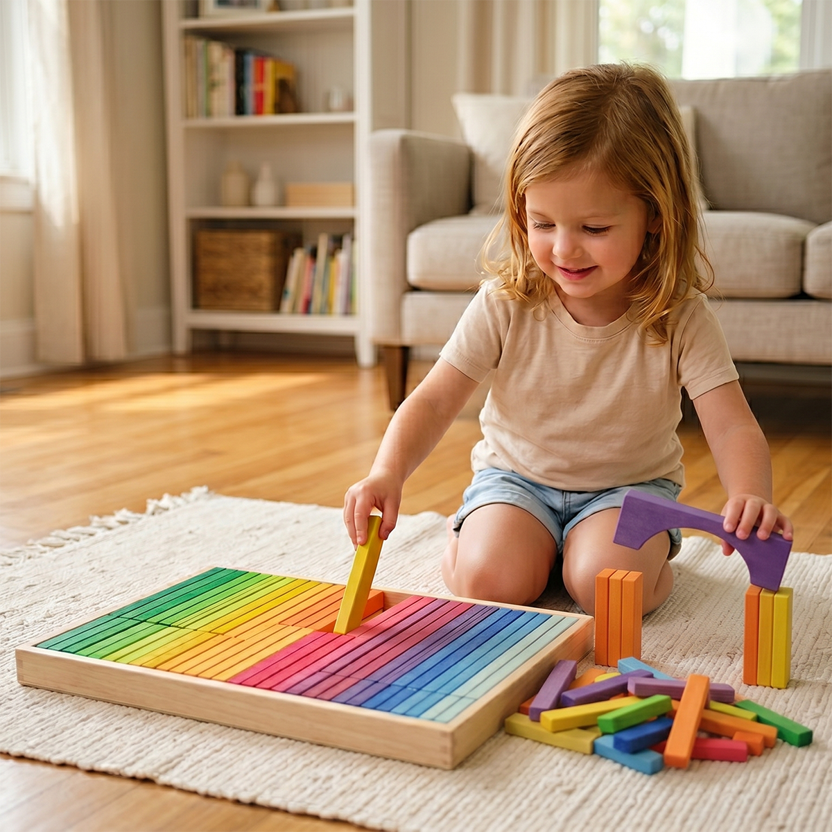 64 Pcs Wooden Rainbow Building Slats Set