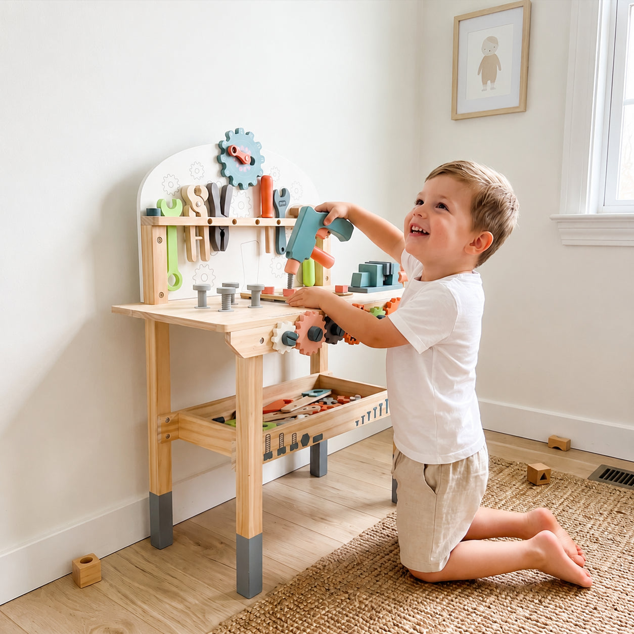 Wooden Pretend Play Tool Bench for Toddlers