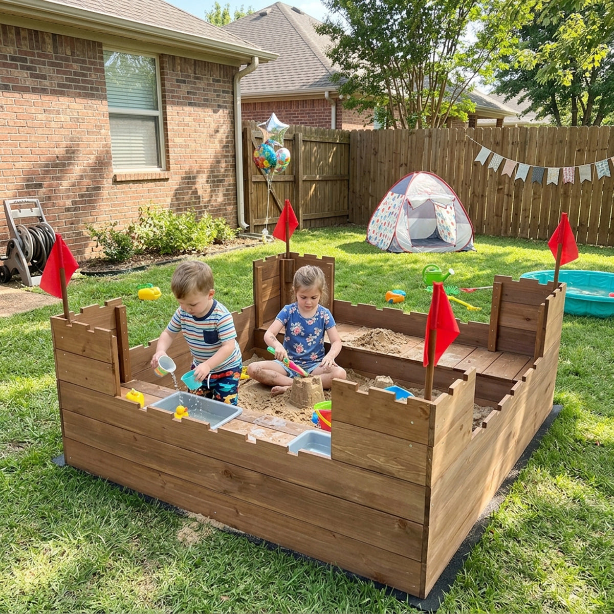 Wooden Castle Theme Sandbox with Red Flags, Built-In Bench & Storage Boxes