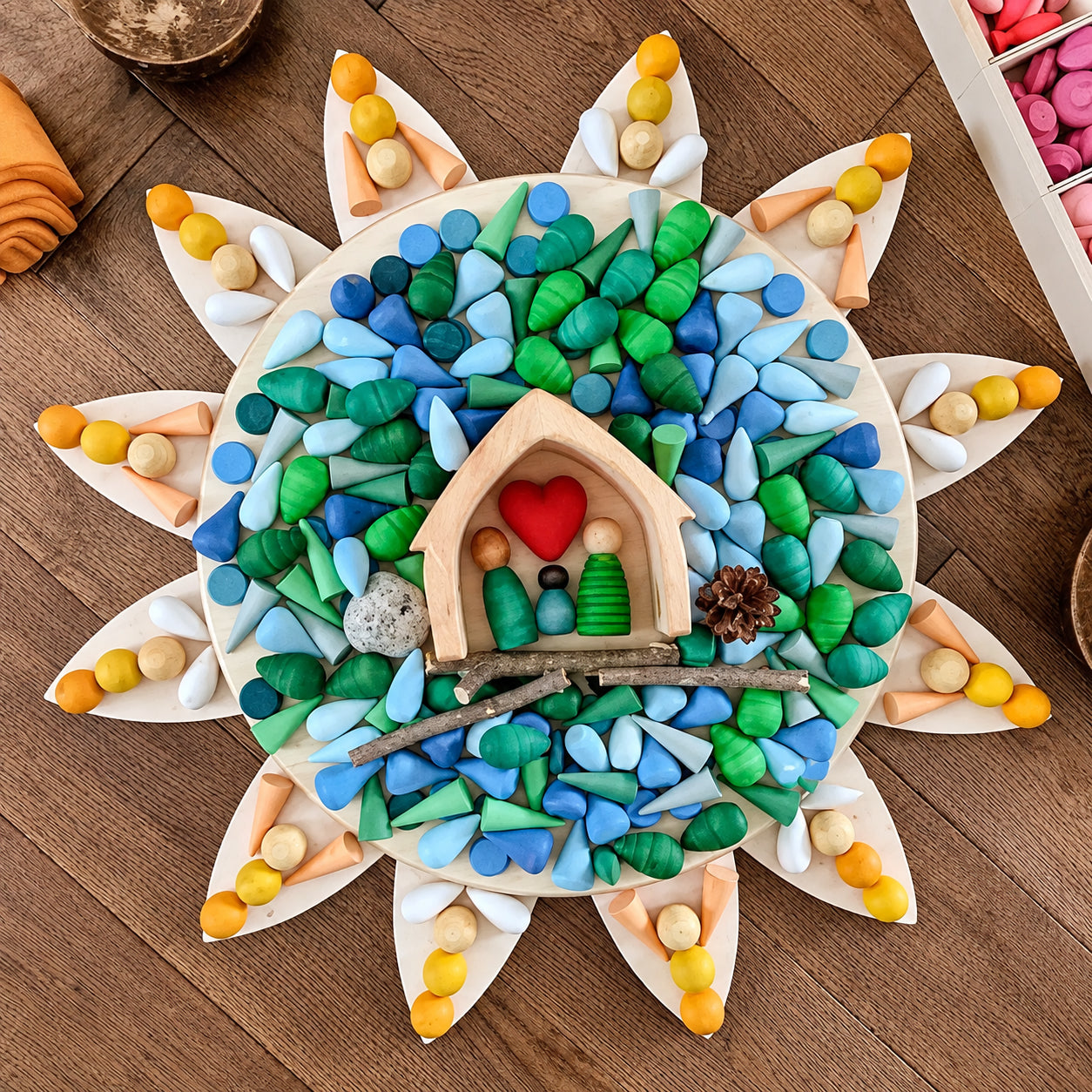 24-Piece Natural Wooden Petal Building Blocks with Tray