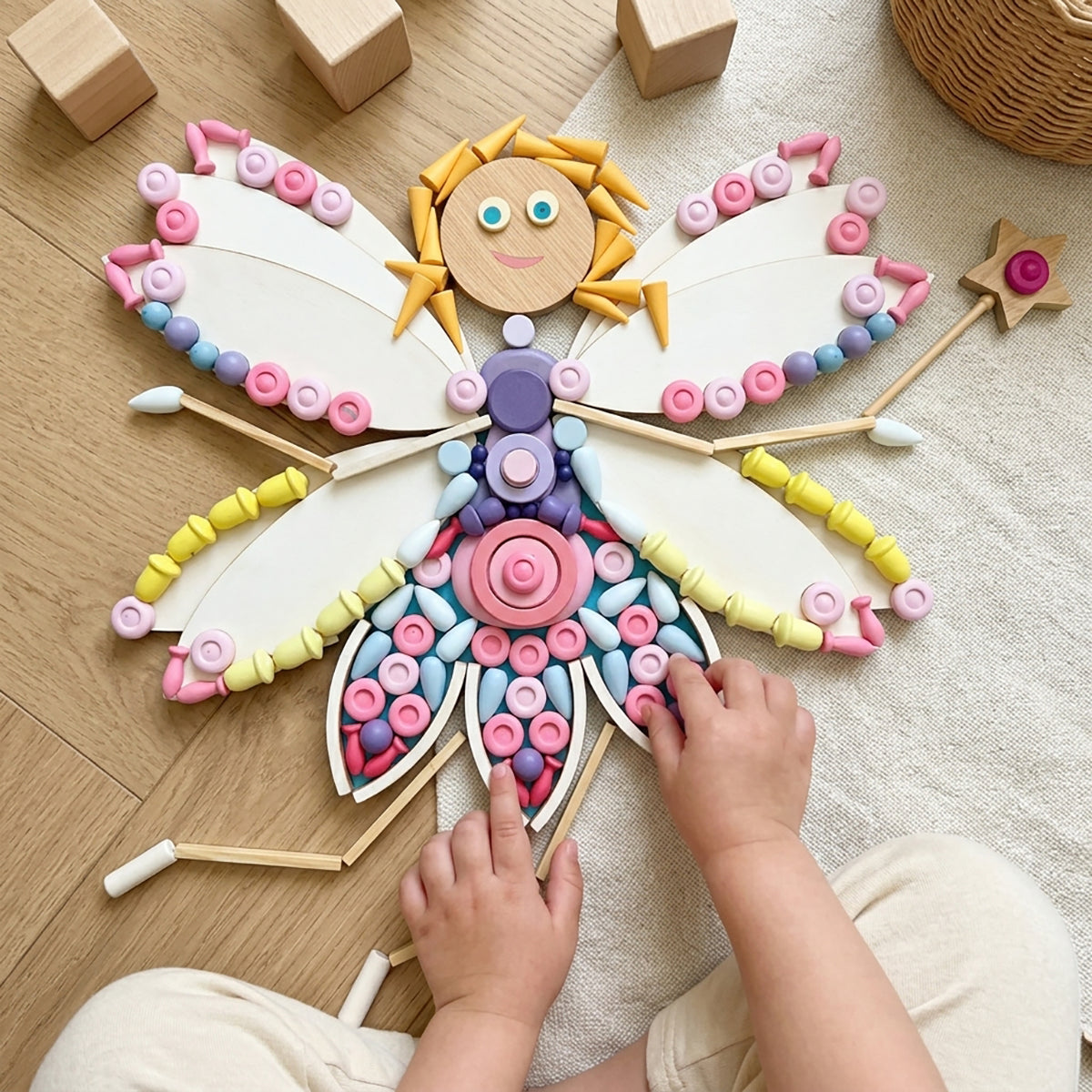 24-Piece Natural Wooden Petal Building Blocks with Tray