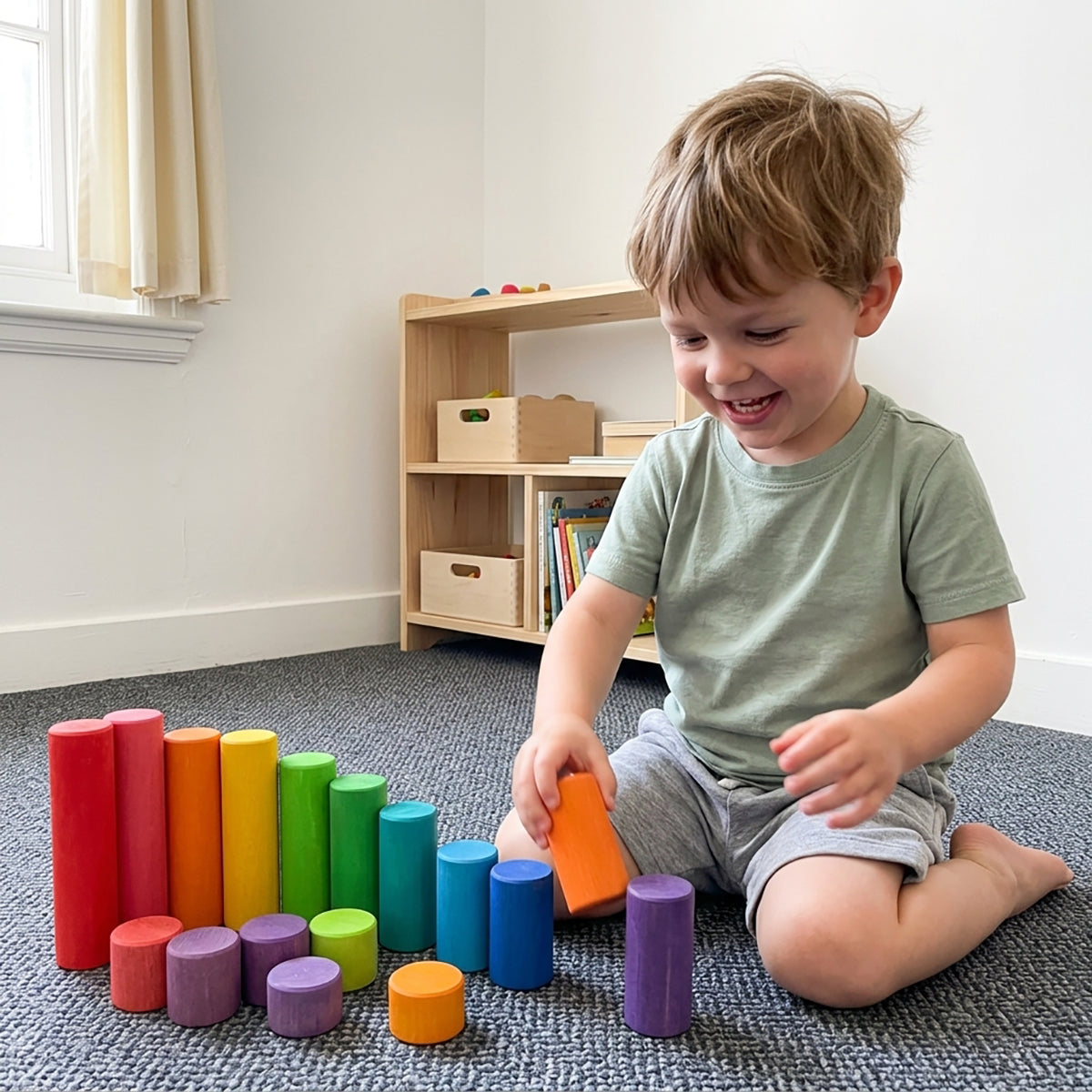 Wooden Rainbow Building Rollers & Cylindrical Stacking Blocks Set