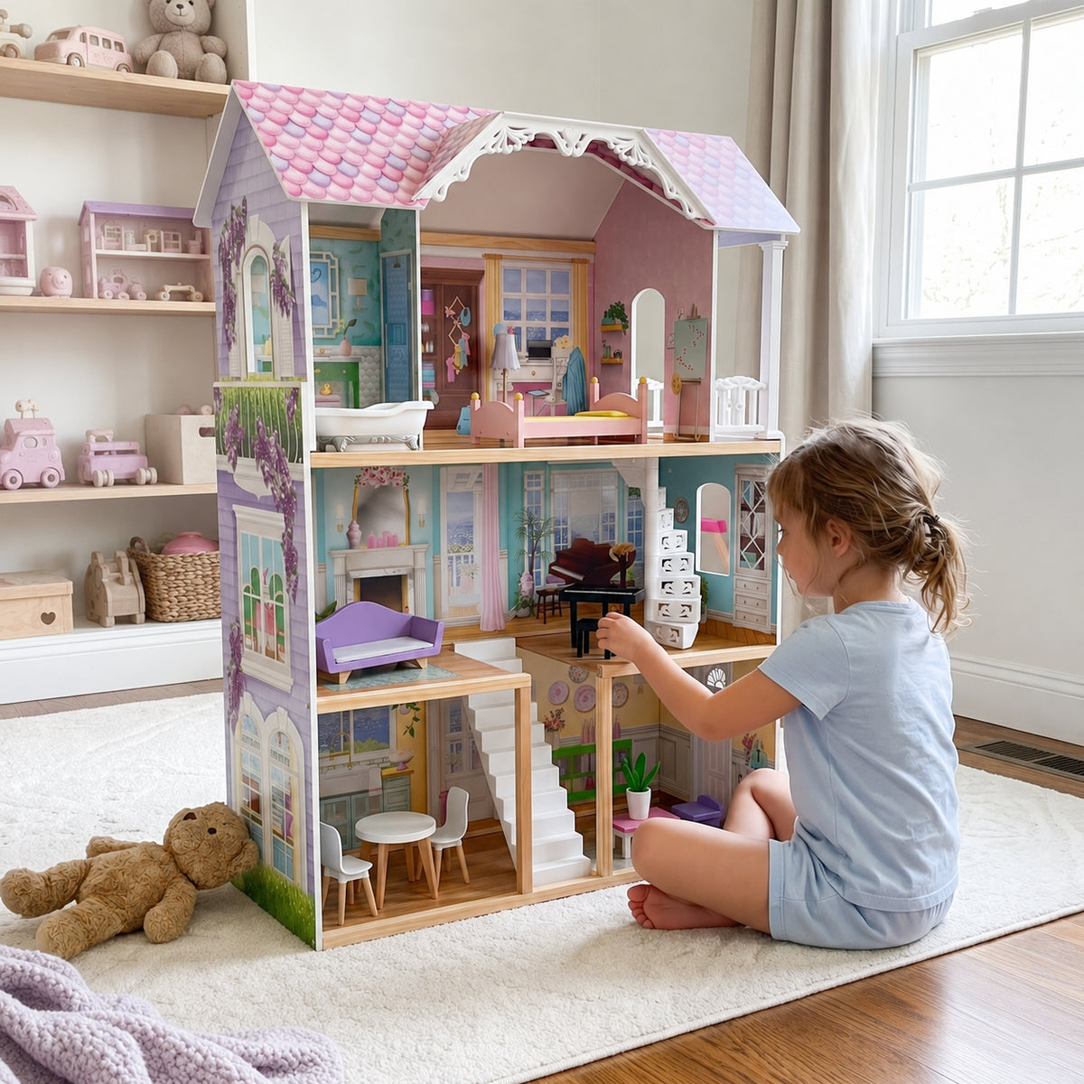 Large 3-Story Wooden Dollhouse with Spiral Staircase