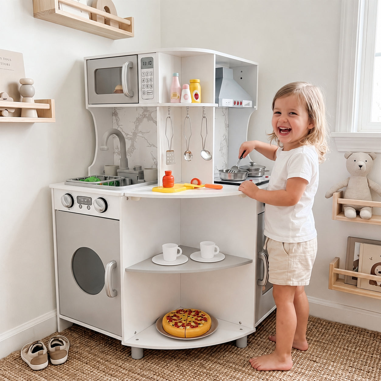 L-Shaped Kids Kitchen Playset with Range Hood & Stoves