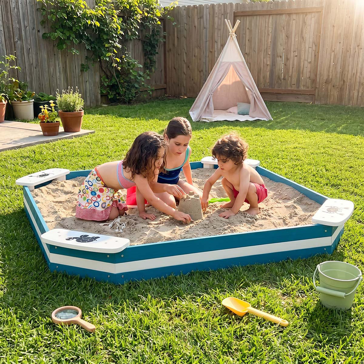 Kids Hexagonal Cedar Wood Sandbox with 4 Built-In Animal Pattern Seats