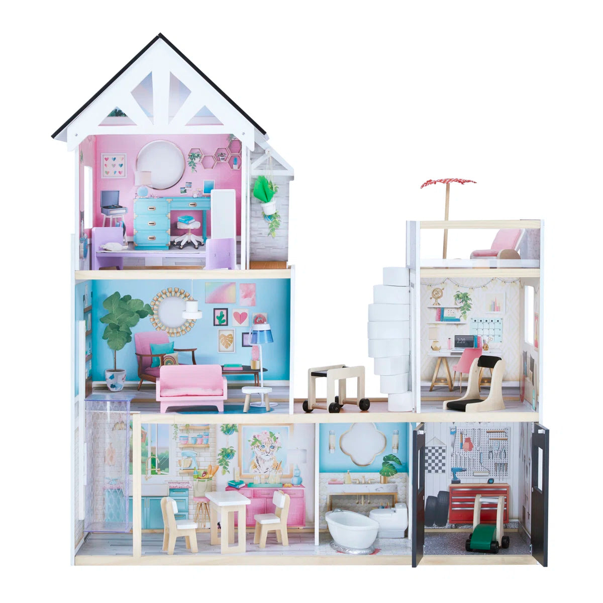 3-Story Wooden Dollhouse with Elevator