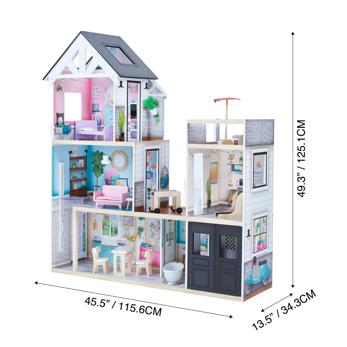 3-Story Wooden Dollhouse with Elevator