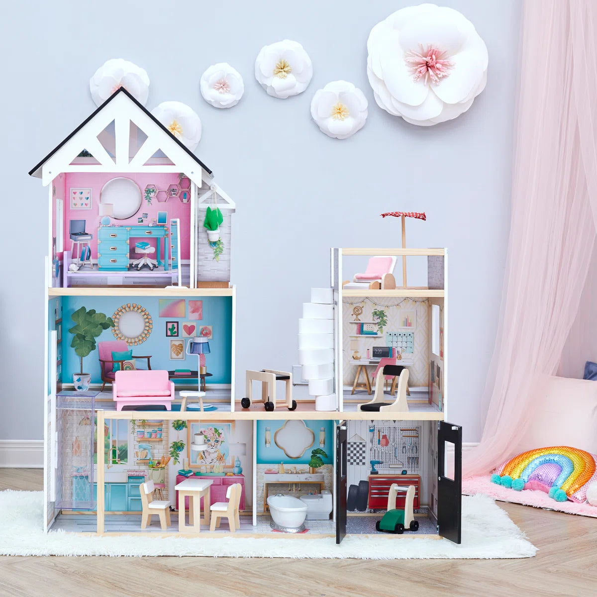 3-Story Wooden Dollhouse with Elevator