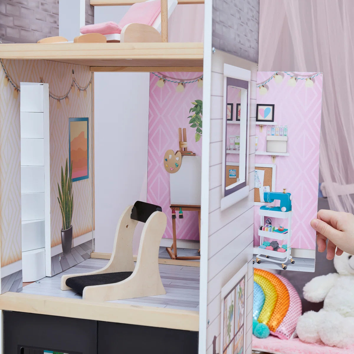 3-Story Wooden Dollhouse with Elevator