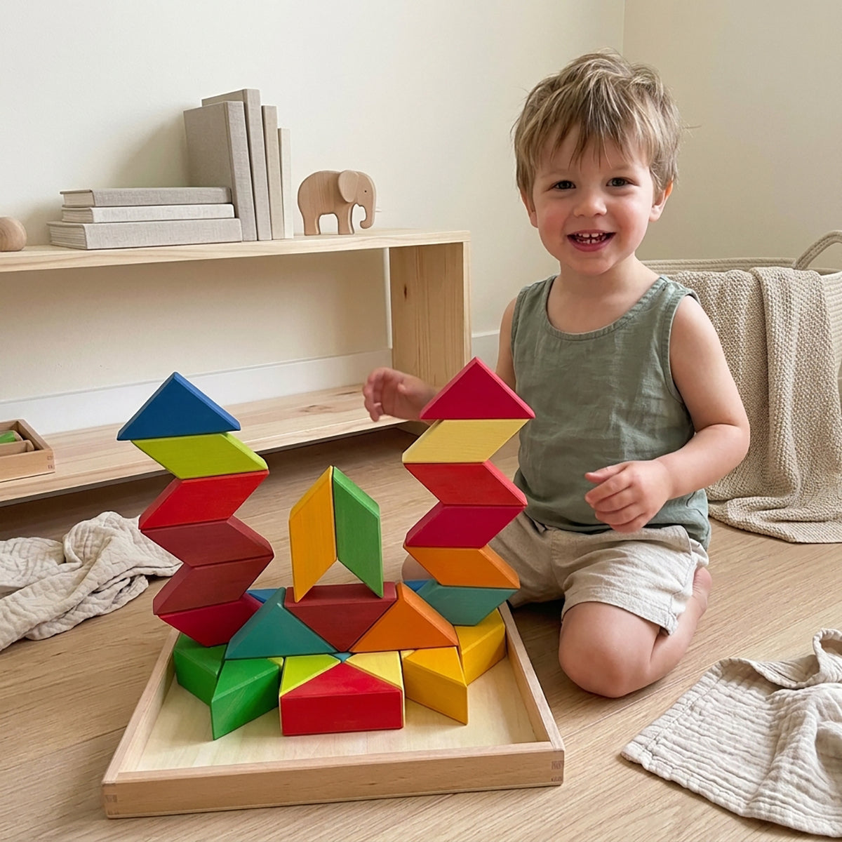 36-Piece Rainbow Wooden Rhombic Geometric Puzzle