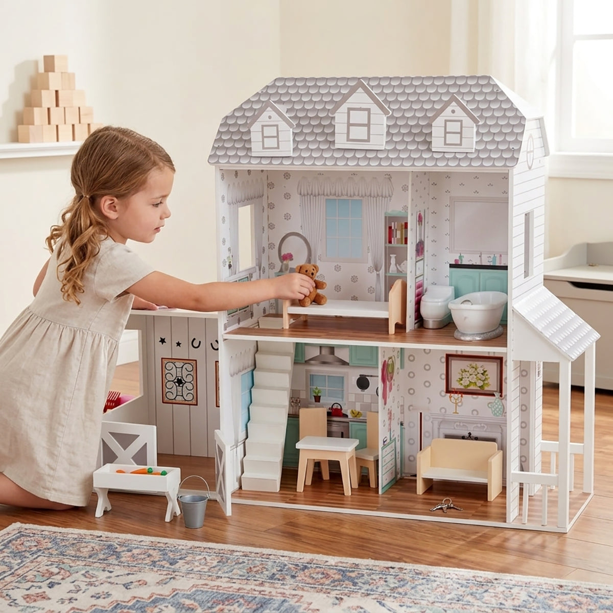 Open Layout Wooden Farmhouse Dollhouse For Pretend Play