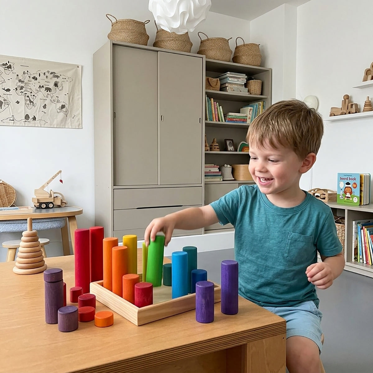 Wooden Rainbow Building Rollers & Cylindrical Stacking Blocks Set