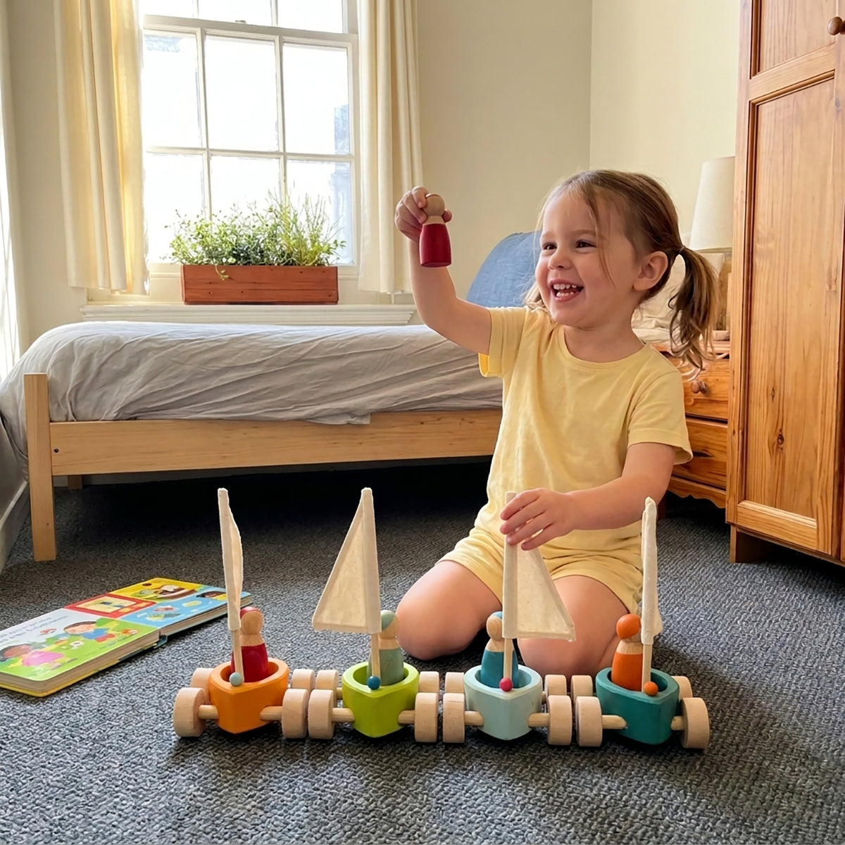 4-Piece Wooden Land Yachts & Peg Doll Sailors Set