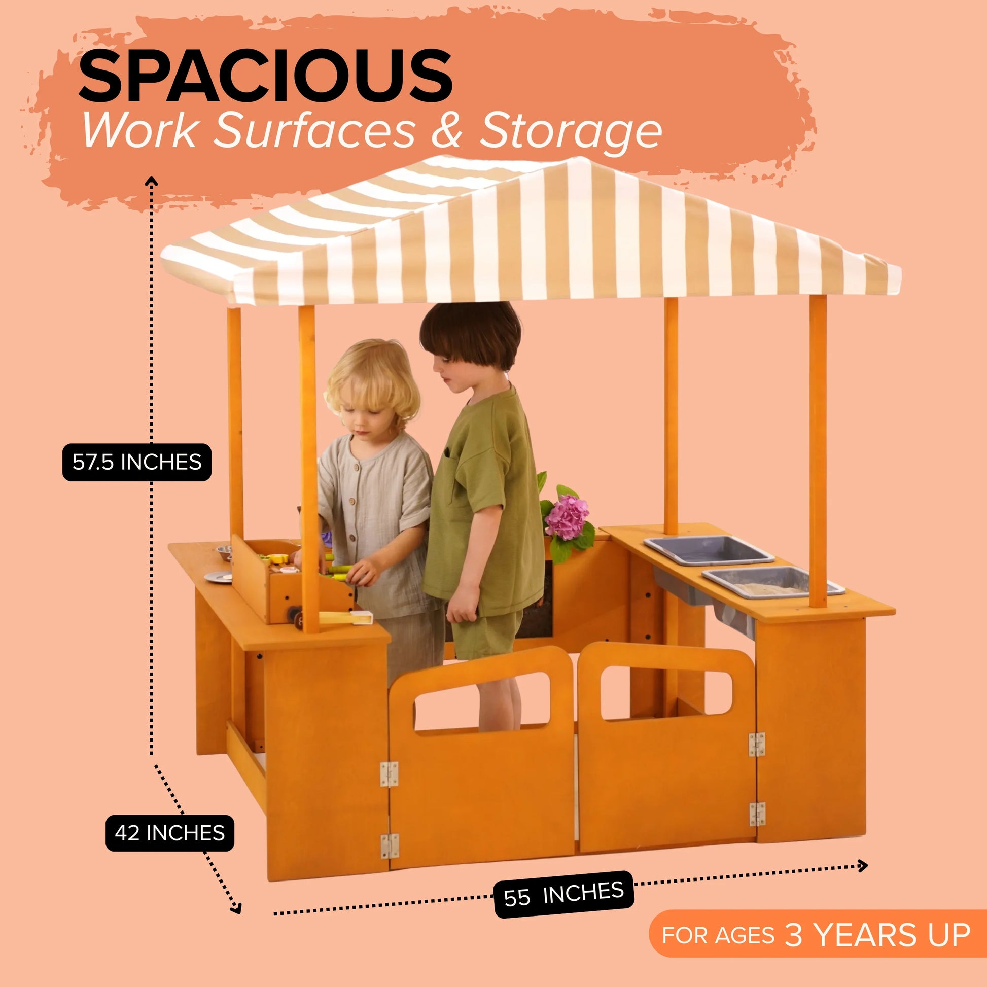Wooden Outdoor Play Market with Canopy, Mud Kitchen, Grill & Root Viewer