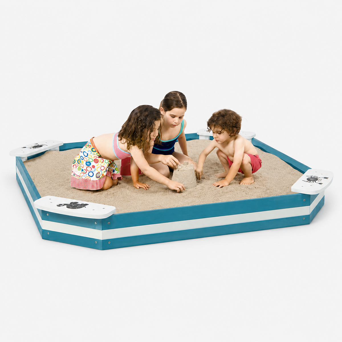 Kids Hexagonal Cedar Wood Sandbox with 4 Built-In Animal Pattern Seats
