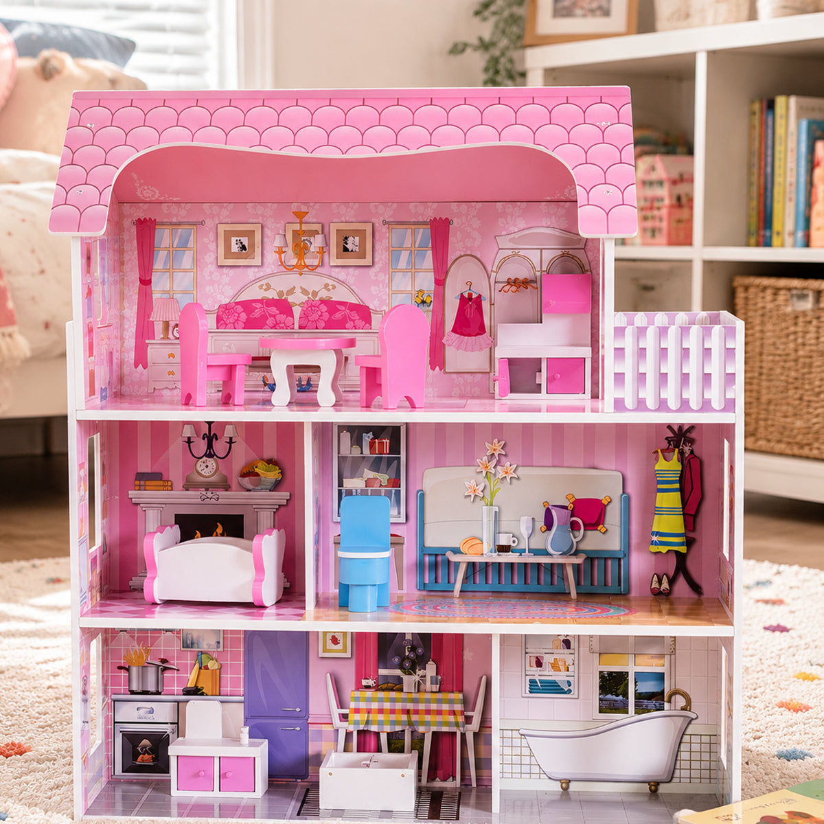 Pink Wooden Dollhouse with Furniture Set