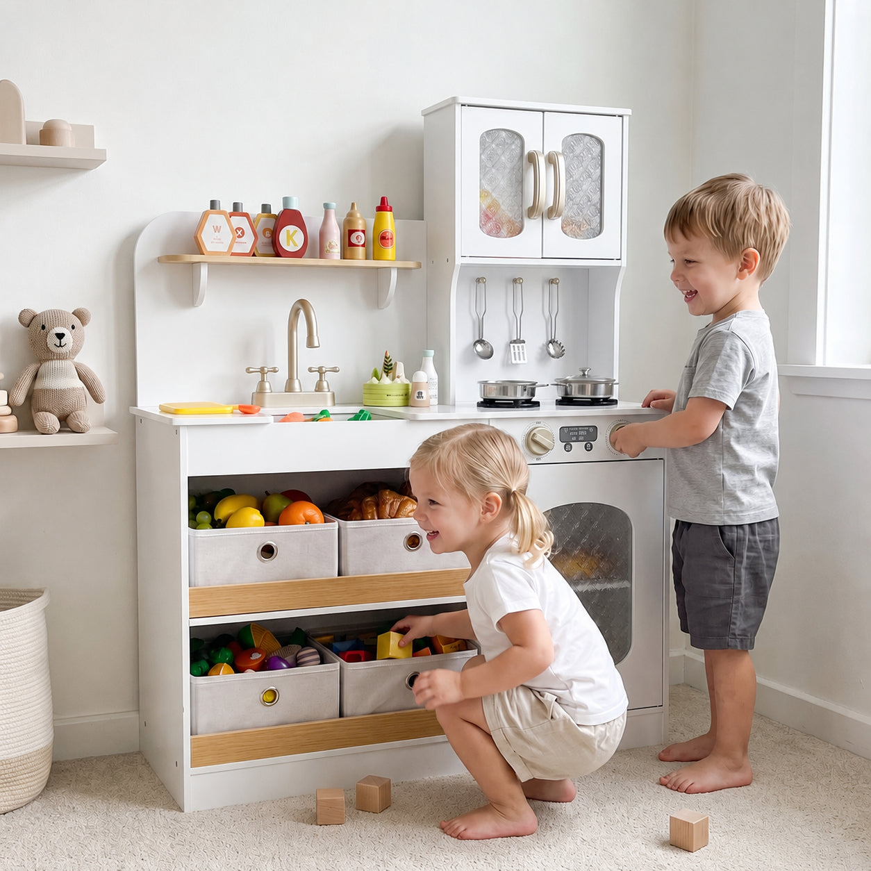 Kids Kitchen Playset with Wooden Pretend Cuttable Play Food