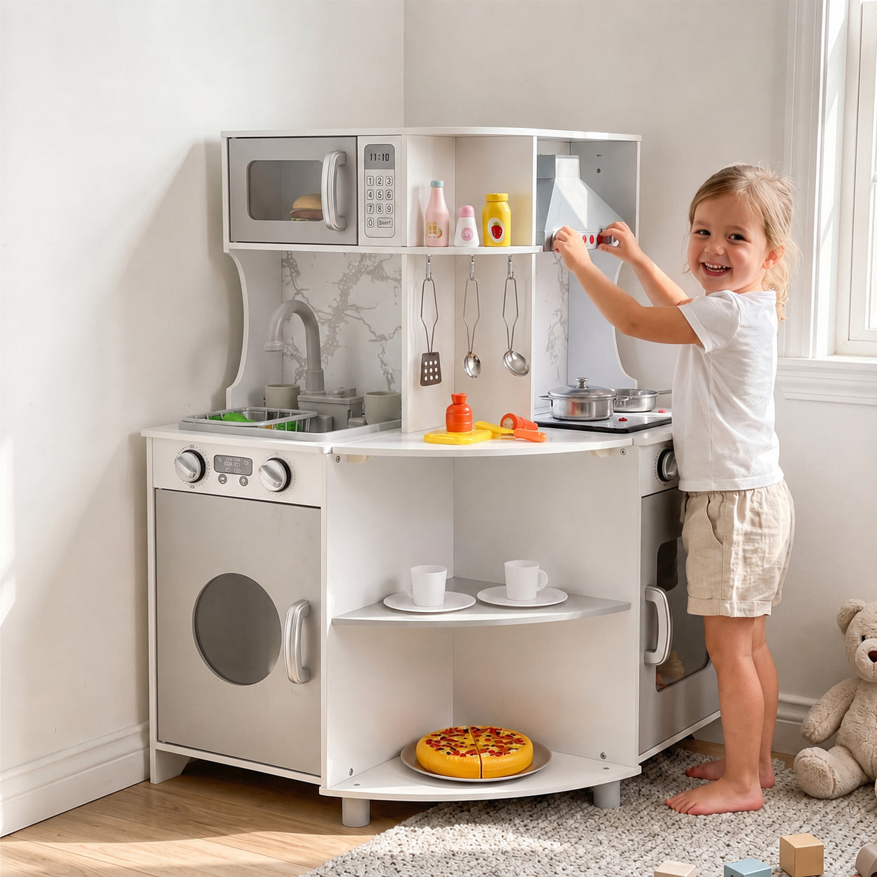 L-Shaped Kids Kitchen Playset with Range Hood & Stoves