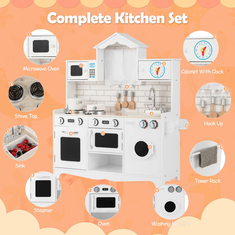 Wooden Play Kitchen with Laundry Set