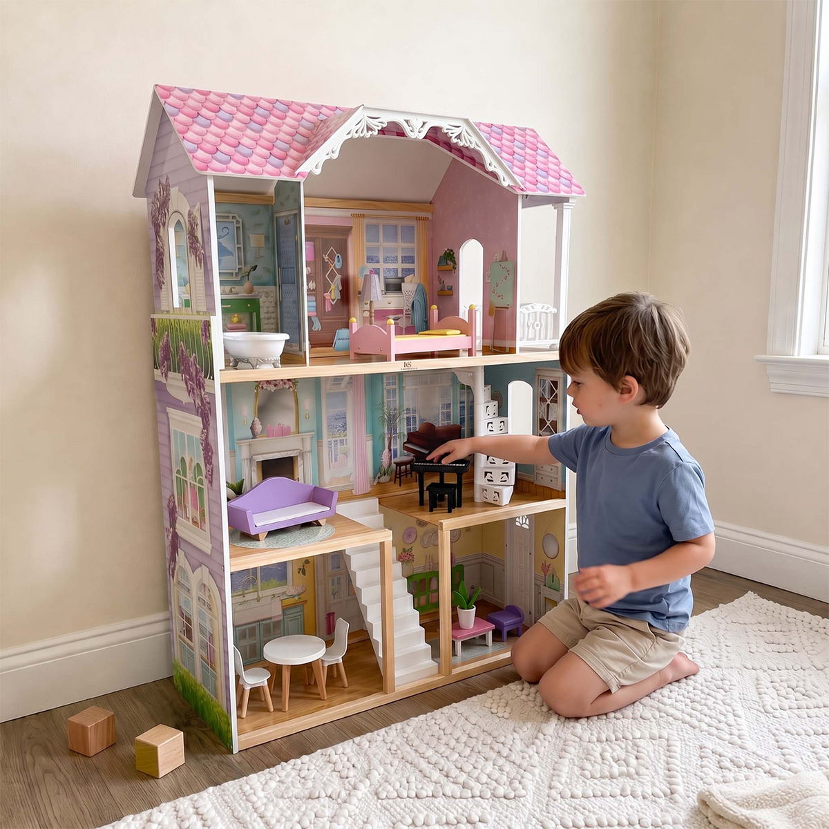 Large 3-Story Wooden Dollhouse with Spiral Staircase
