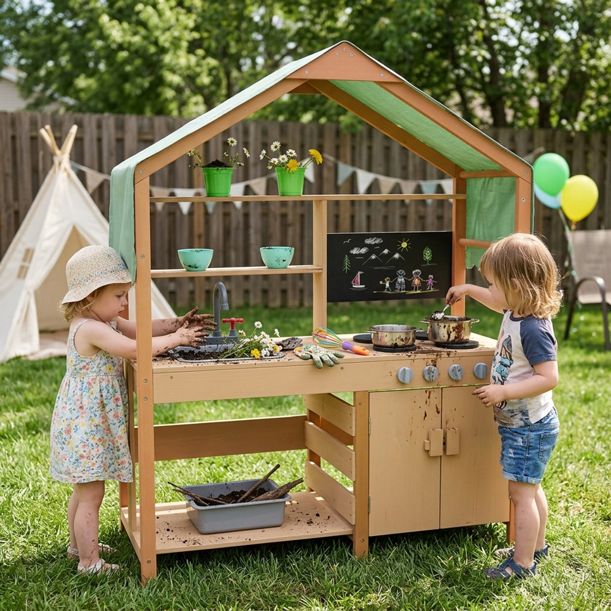 Wooden Outdoor Mud Kitchen with Sunshade Canopy, Dual Sinks & Chalkboard