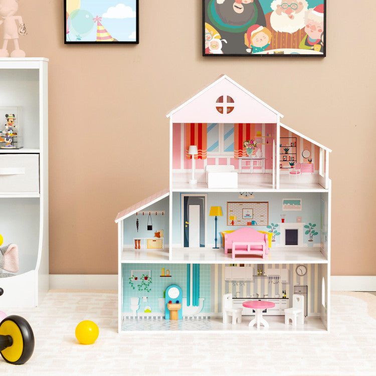 3-Tier Wooden Dollhouse with Furniture