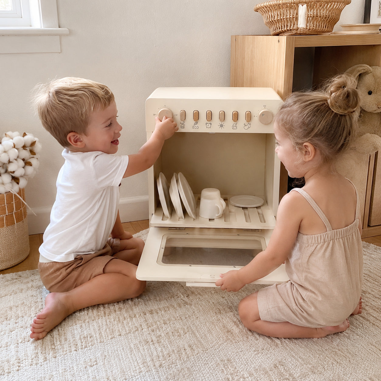 Wooden Dishwasher Pretend Play Kitchen Appliance with Dish Accessories