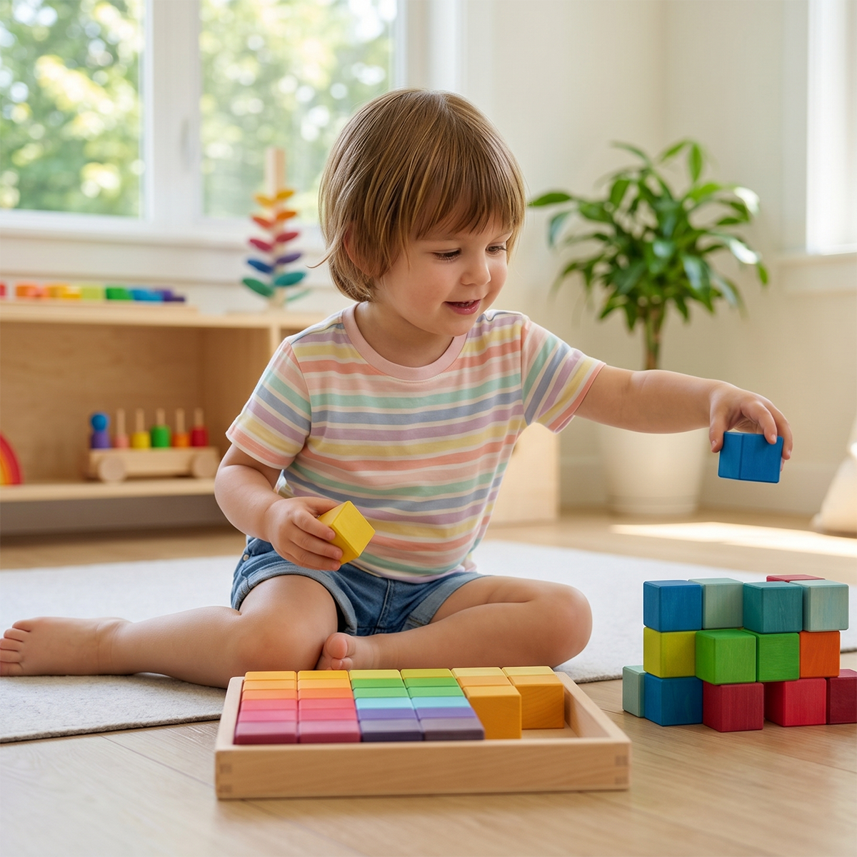Wooden Mosaic Cubes Set – Montessori Waldorf Rainbow Pastel Building Blocks with Storage Tray