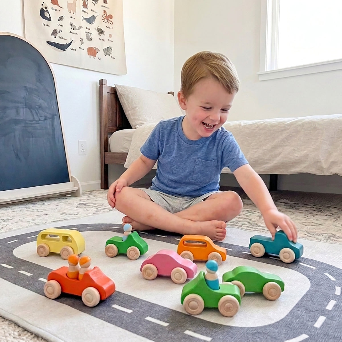 Wooden Rainbow Vehicles & Peg Dolls Set