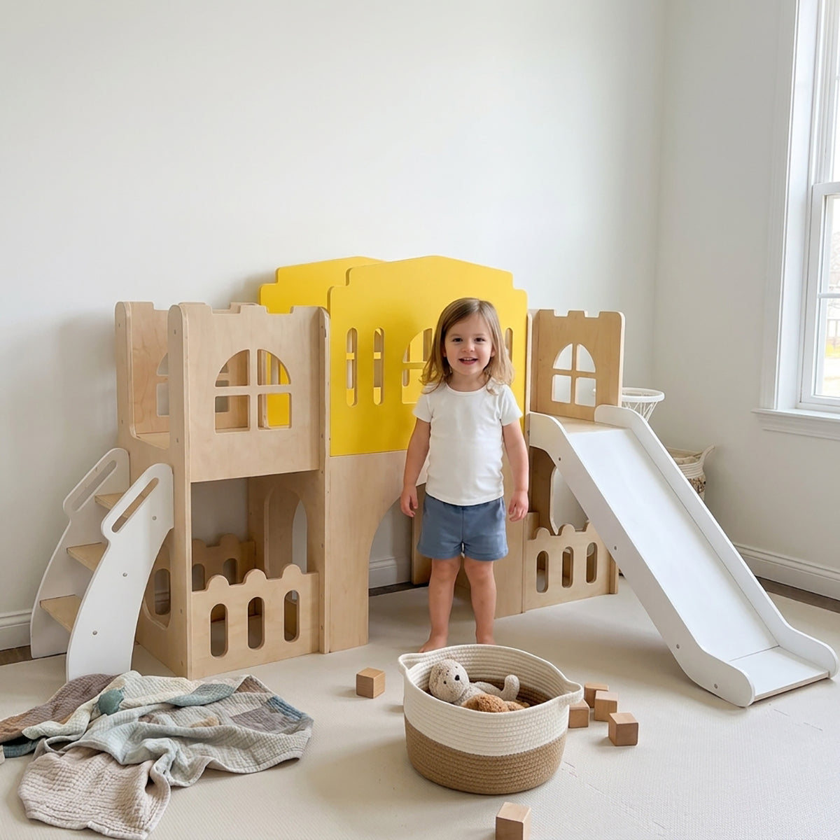 Toddler Indoor Playground with Slide and Basketball Hoop