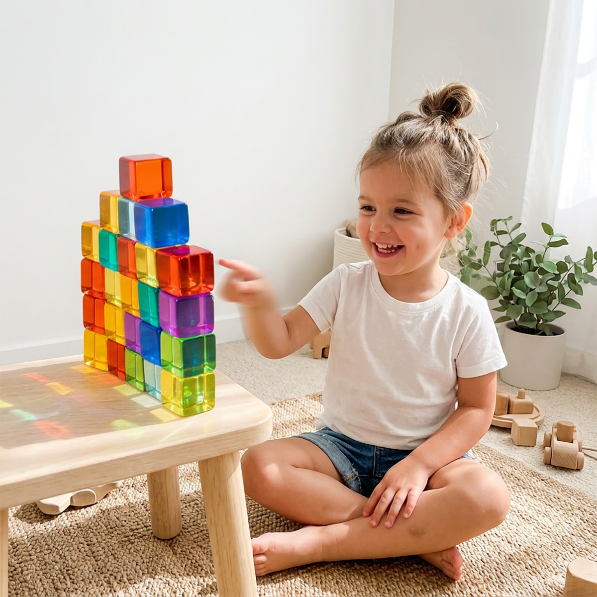 80-Piece Lucite Cubes and Wooden Stacking Blocks Set