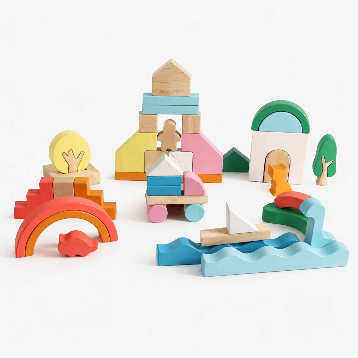 46-Piece Pastel Wooden Building Blocks Set